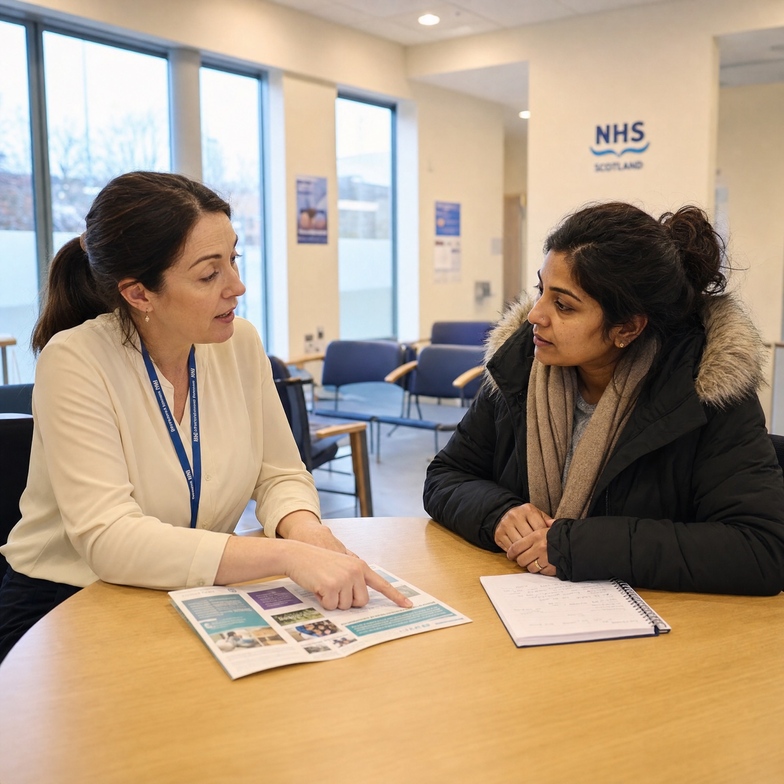 A health advocate sitting with a woman at a table, helping her understand health information
